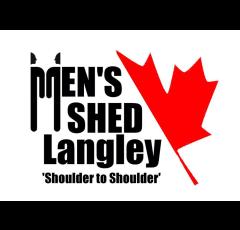 Men Shed Langley, with the 'M' being two men, shoulder to shoulder, facing each other. Half a red Maple Leaf rests against the words.